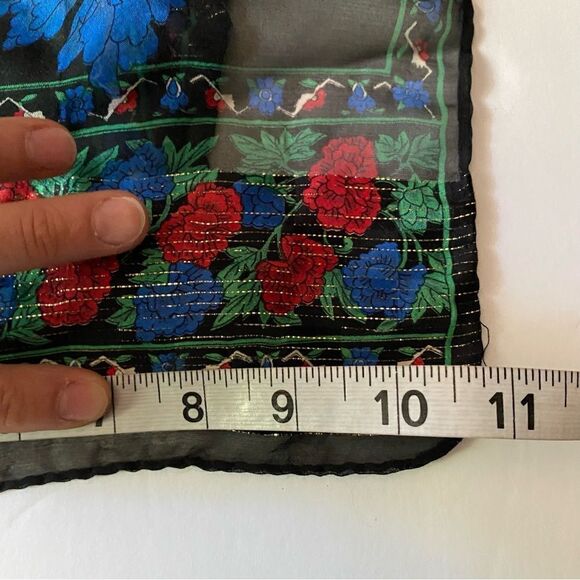 Bold bright blue red floral print pattern scarf silky wrap gold threating 11x54 - Picture 2 of 5